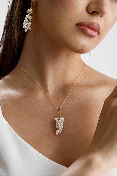 Birinci 14 Ayar Altın 4 mm Üzüm Salkımı Doğal İnci Küpe Kolye Yüzük Üçlü Set