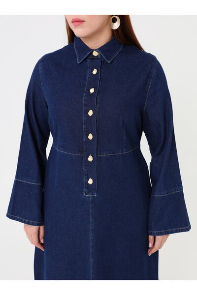 ALİA Plus Size Denim Dress with Button Pockets - Dark Navy - Alia