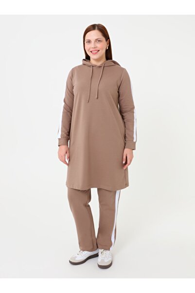 ALİA Plus Size Natural Fabric Sports Tunic&Pants Two-Piece Set - Mink -