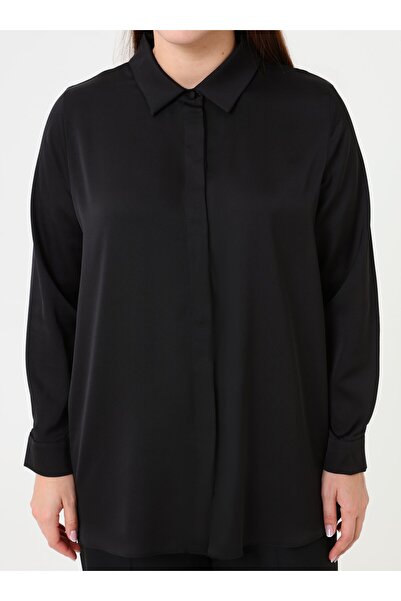 ALİA Plus Size Satin Tunic with Button Detail - Black -