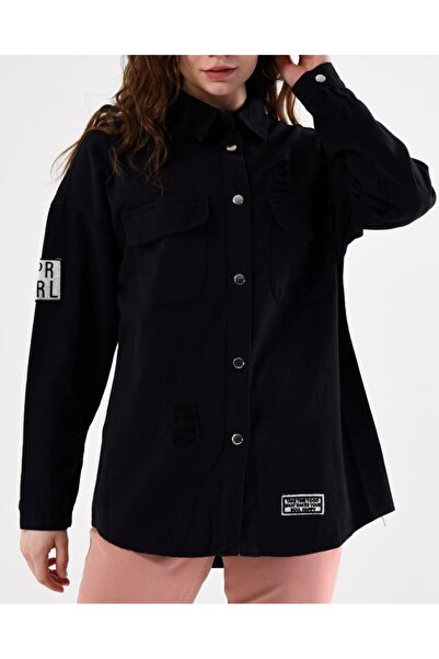 Modamorfo Double Pocket Denim Jacket with Snap Fastener Detail - Black