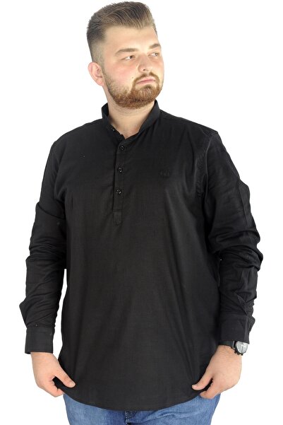 ModeXL Mode Xl Large Size Men's Linen Lycra Ukol Hakim Collar Shirt 20388 Black
