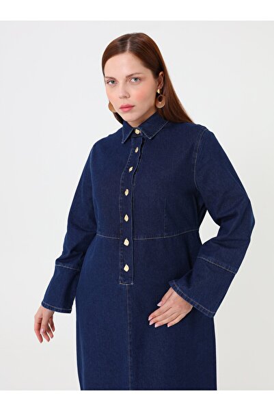 ALİA Plus Size Denim Dress with Button Pockets - Dark Navy - Alia