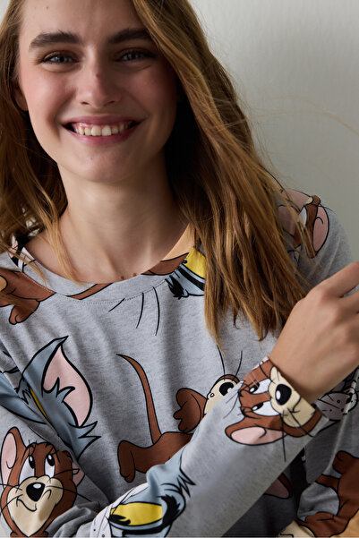 Penti Szürke melange Friends nyomott mintás, nyakú pamut hosszú ujjú pizsama szett