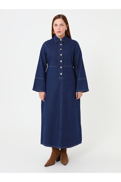 ALİA Plus Size Denim Dress with Button Pockets - Dark Navy - Alia