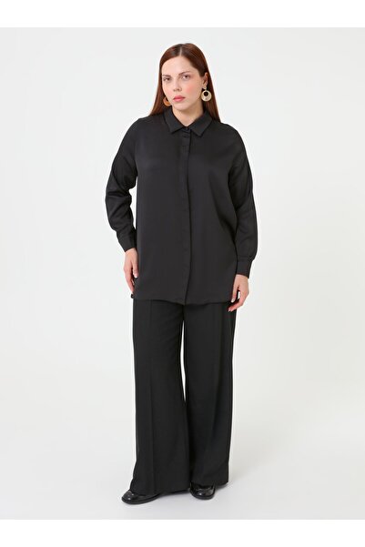 ALİA Plus Size Satin Tunic with Button Detail - Black -