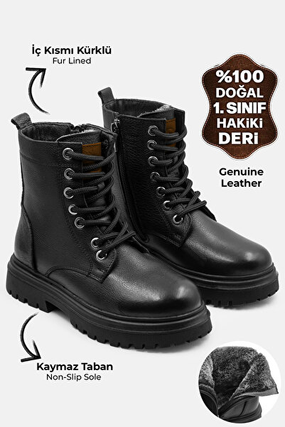 DeriWorld Hakiki Deri Çocuk Bot Kaymaz Taban İçi Kürklü Çocuk Deri Bot Unisex