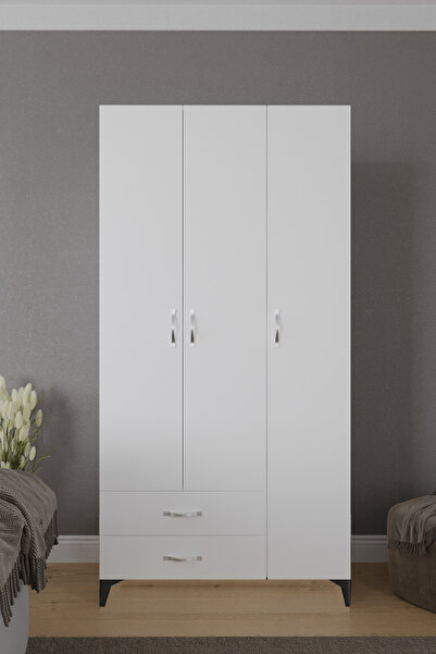 AYMOBSAN Mavera 3 Kapaklı 2 Çekmeceli Gardrop, Beyaz, 90 Cm
