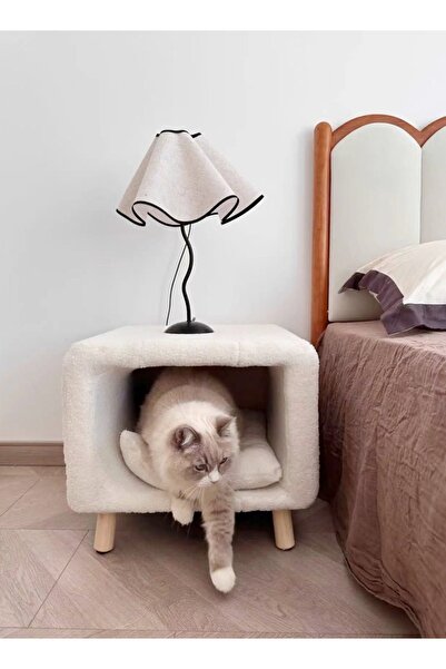 Raffine Multifunction Modern Bedside Table with Cat Nest, Removable Cushion, 50x50x45 cm