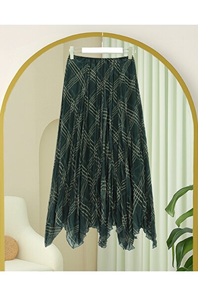 Modamorfo Skirt Asymmetrical Cut Lined Chiffon Skirt - Khaki