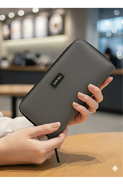 PurpleART Women's Dark Gray Written Zipper Polo Embroidered Large Size Horizontal Wallet 10X20Cm