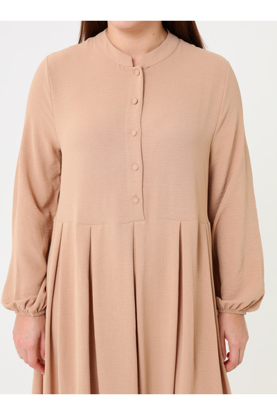 ALİA Judge Collar Button Detailed Plus Size Aerobin Dress - Beige - Alia