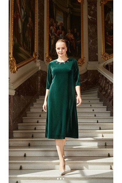 Nidya Moda Büyük Beden Kadın Yeşil Inci Işli Kadife Abiye Elbise-4072y