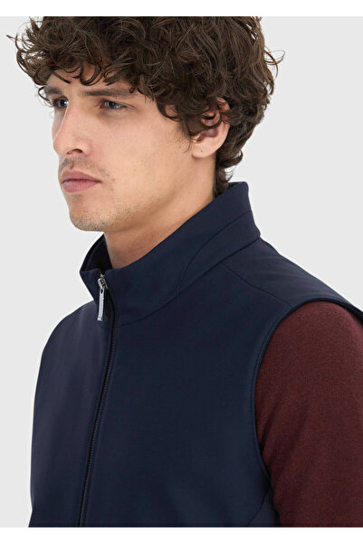 Ramsey Navy Blue Regular Fit Stand Collar Casual Woven Sports Vest