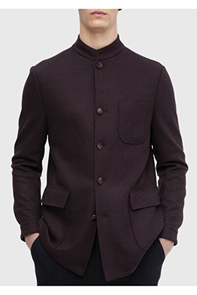 Ramsey Burgundy Plain Shirt Shoulder Slim Fit Wool Blended Knitted Jacket