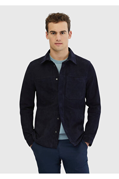 Ramsey Navy Blue Regular Fit Shirt Collar Casual Leather Coat