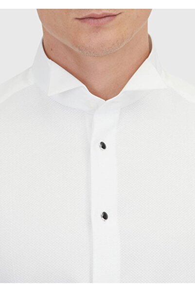 Ramsey Λευκό μονόχρωμο πουκάμισο σμόκιν με διπλή μανσέτα με γιακά