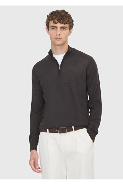 Ramsey Pulover maro cu jumătate de gât roșu, tricotat simplu, amestec de lână