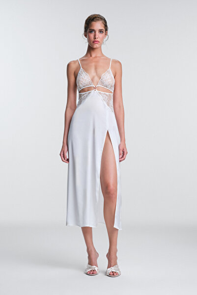 Penti Off White Scarlett Ruched V Neck Long Nightgown Without Underwire