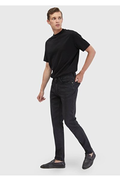 Ramsey Anthracite Straight Slim Fit Denim Cotton Blended Trousers