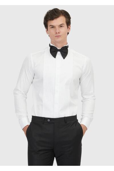 Ramsey Бяла, обикновена, слим кройка, риза с двоен маншет и яка Ata