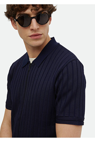 Ramsey Navy Blue Polo Collar Jacquard Cardigan