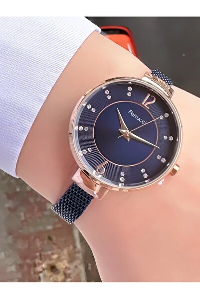 Ferrucci ساعة نسائية باللون الذهبي الوردي - إطار رفيع، سوار شبكي فضي، قرص كلا...