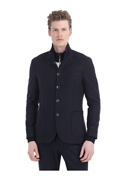 Ramsey Navy Blue Slim Fit Wool Blended Plain Shirt Jacket