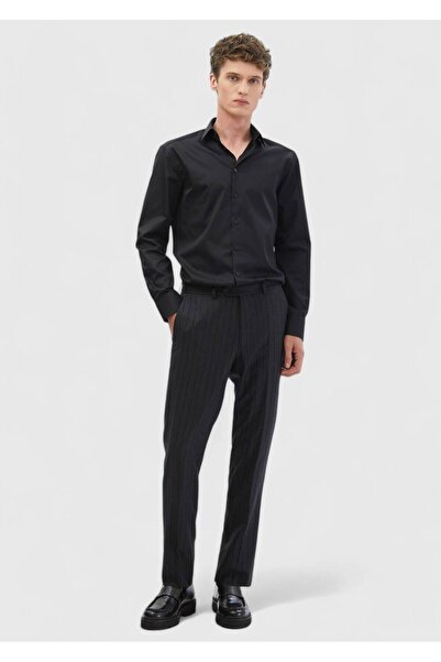 Ramsey Μαύρο απλό υφαντό κλασικό 100% βαμβακερό πουκάμισο με κανονική εφαρμογή
