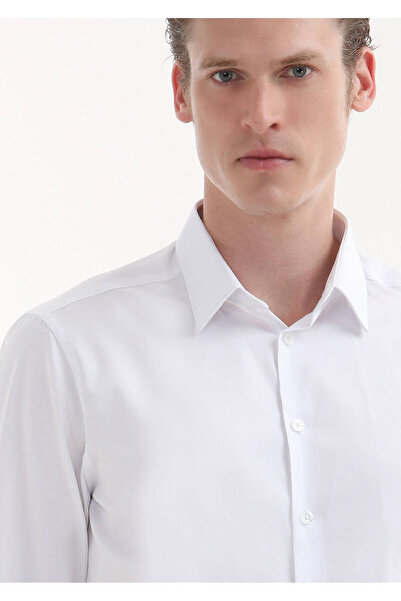 Ramsey Super Slm Fit Λευκό Υφαντό Κλασικό Βαμβακερό πουκάμισο