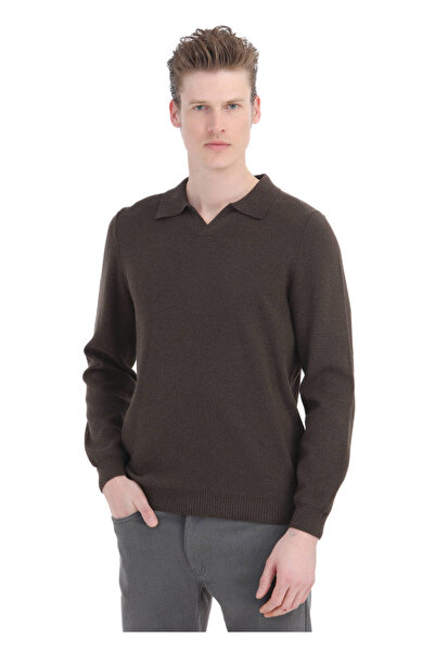 Ramsey Brown Polo Neck Plain Knitted Cotton Blend Sweater