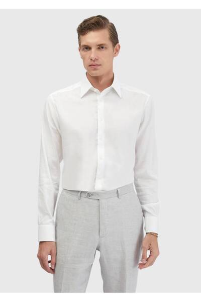 Ramsey Біла пряма класична сорочка з класичним кроєм, виготовлена з суміші шо...