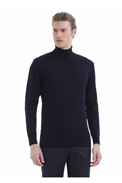 Ramsey Navy Blue Full Turtleneck Plain Knit 100% Wool Sweater