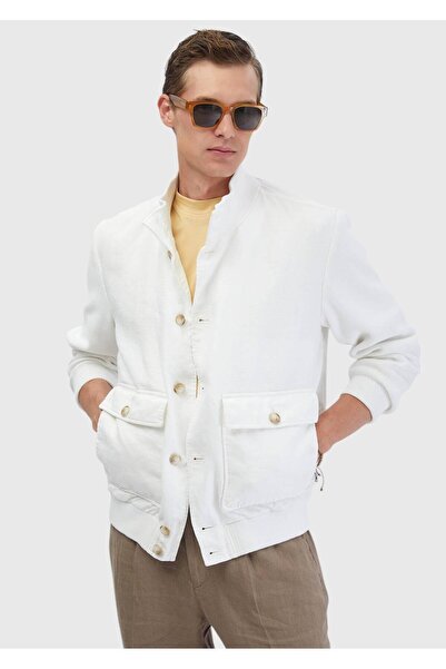 Ramsey White Regular Fit Stand Collar Casual Woven Coat