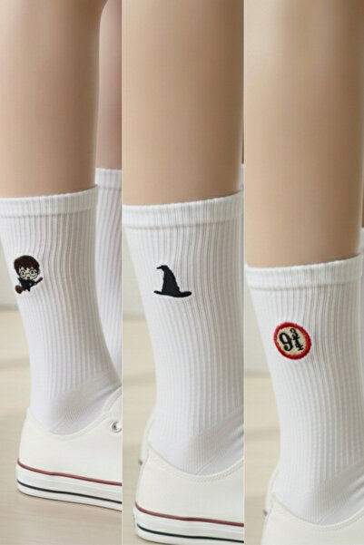 AYDK Harry Potter Nakışlı Koleksiyonluk Pamuklu Beyaz Yazlık Kışlık 3 Çift Soket Çorap Seti