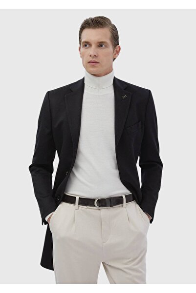 Ramsey Siyah Regular Fit Kelebek Yaka Klasik Dokuma Palto