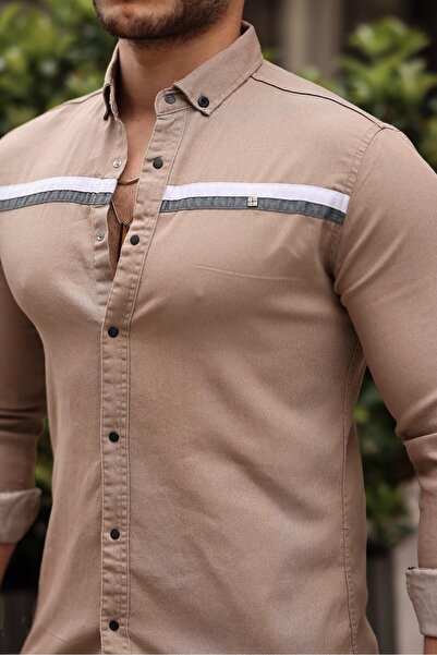 comstar Men's Slim Fit Striped Long Sleeve Tight Brown Denim Shirt