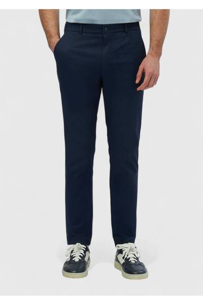 Ramsey Μπλε Navy Plain Woven Jogging Fit Casual βαμβακερό παντελόνι