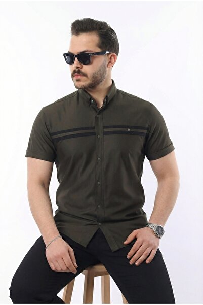 comstar Men's Short Sleeve Tight Summer Double Striped Khaki Shirt