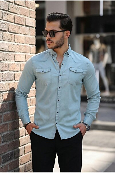 comstar Men's Slim Fit Basic Mint Denim Shirt with Snap Pocket
