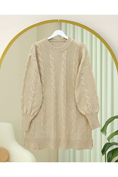 Modamorfo Saç Örgü Desen Yumoş Triko Kazak -Açık Vizon