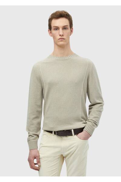 Ramsey Pulover bej cu decolteu crew din amestec de lână jacquard