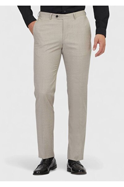Ramsey Ανοιχτό καφέ ίσιο υφαντό κλασικό παντελόνι 100% μαλλί