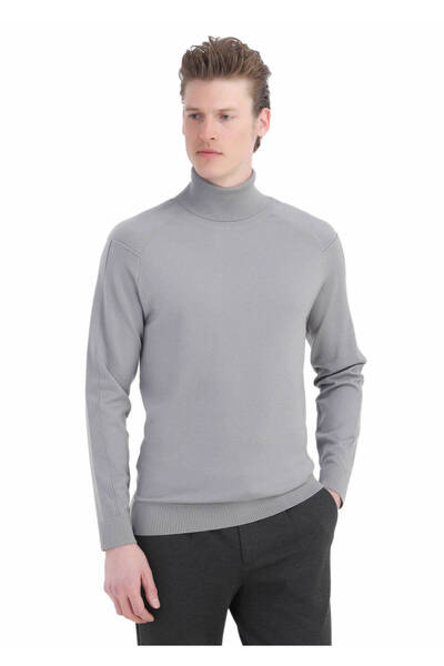 Ramsey Gray Full Turtleneck Plain Knitted Sweater