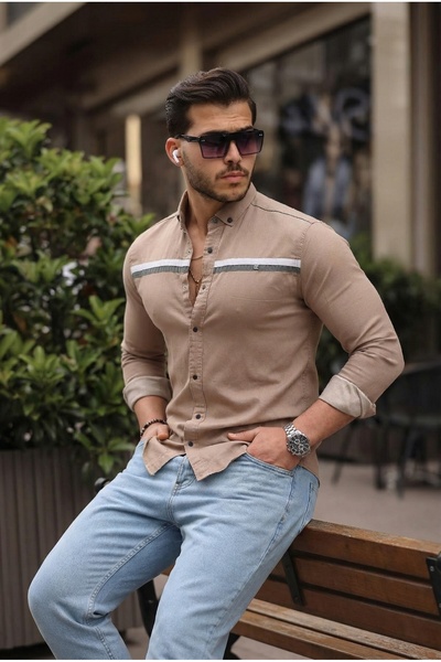 comstar Men's Slim Fit Striped Long Sleeve Tight Brown Denim Shirt