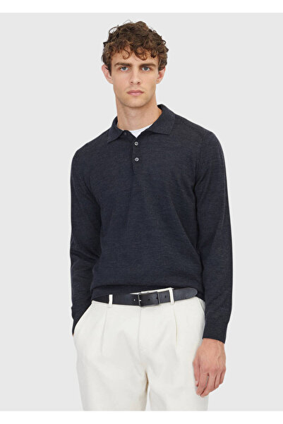 Ramsey Антрацитен пуловер с поло яка, обикновена плетка от вълнена смес