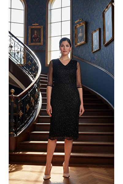 Nidya Moda Büyük Beden Kadın Siyah Dantel Elbise-4147s