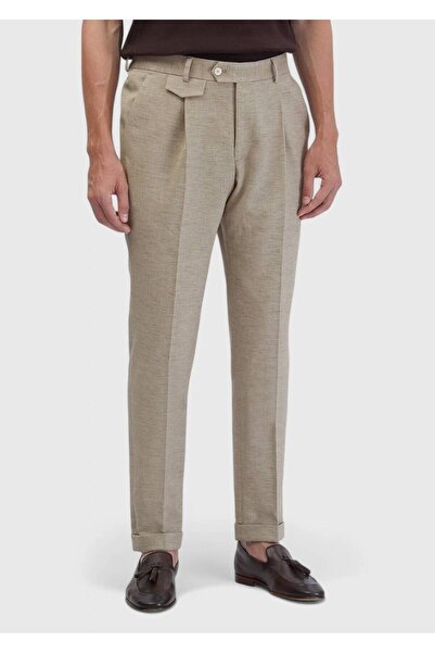 Ramsey Dark Beige Plain Fabric Regular Fit Casual Cotton Blend Trousers