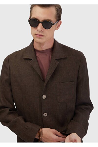 Ramsey Brown Plain Shirt Shoulder Slim Fit 100% Linen Jacket