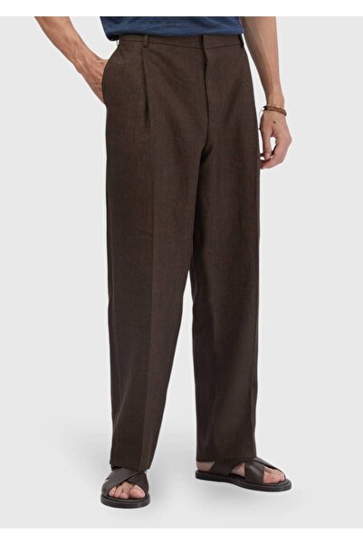 Ramsey Brown Plain Fabric Regular Fit Casual 100% Linen Trousers